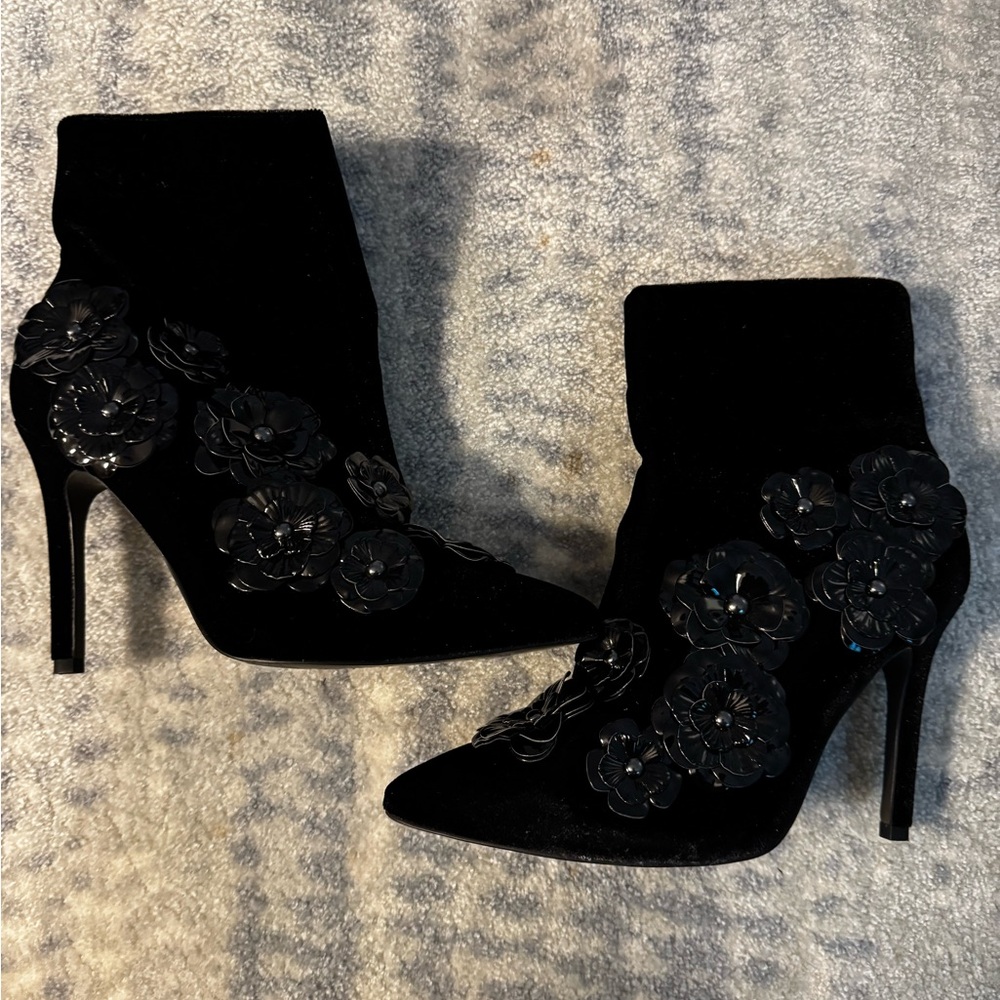 Velvet flower stiletto booties